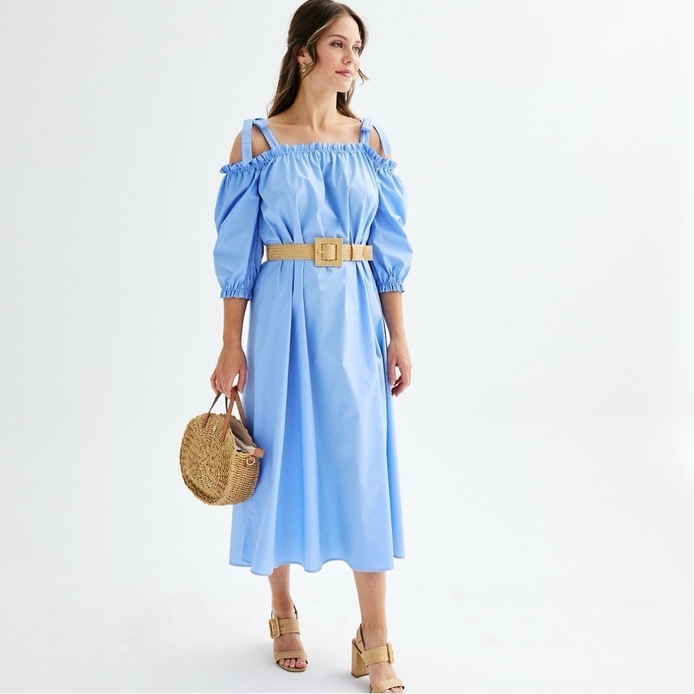 Ellen Tracy Blue Cold Shoulder Belted Mid Dress with Ties XS NWT